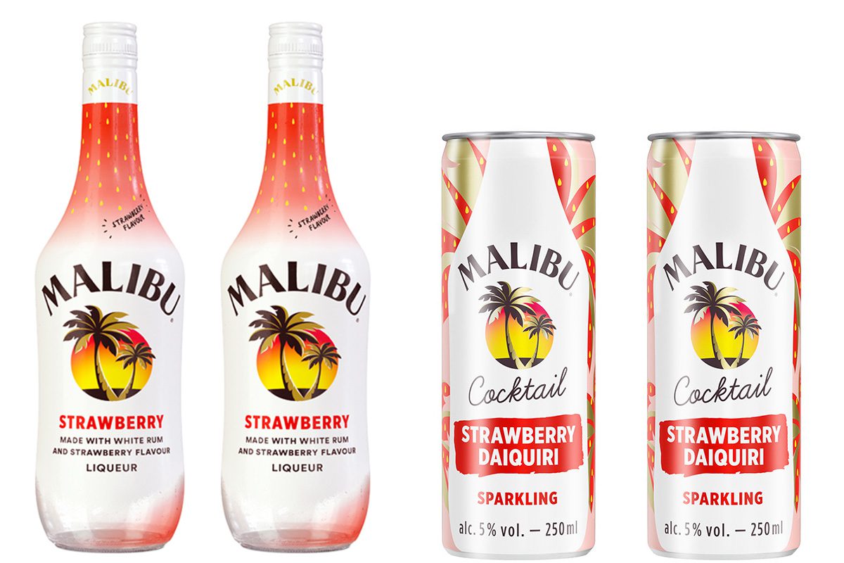 Two 700ml bottles of Malibu Strawberry rum and two 250ml cans of Malibu Cocktails Strawberry Daiquiri Sparkling