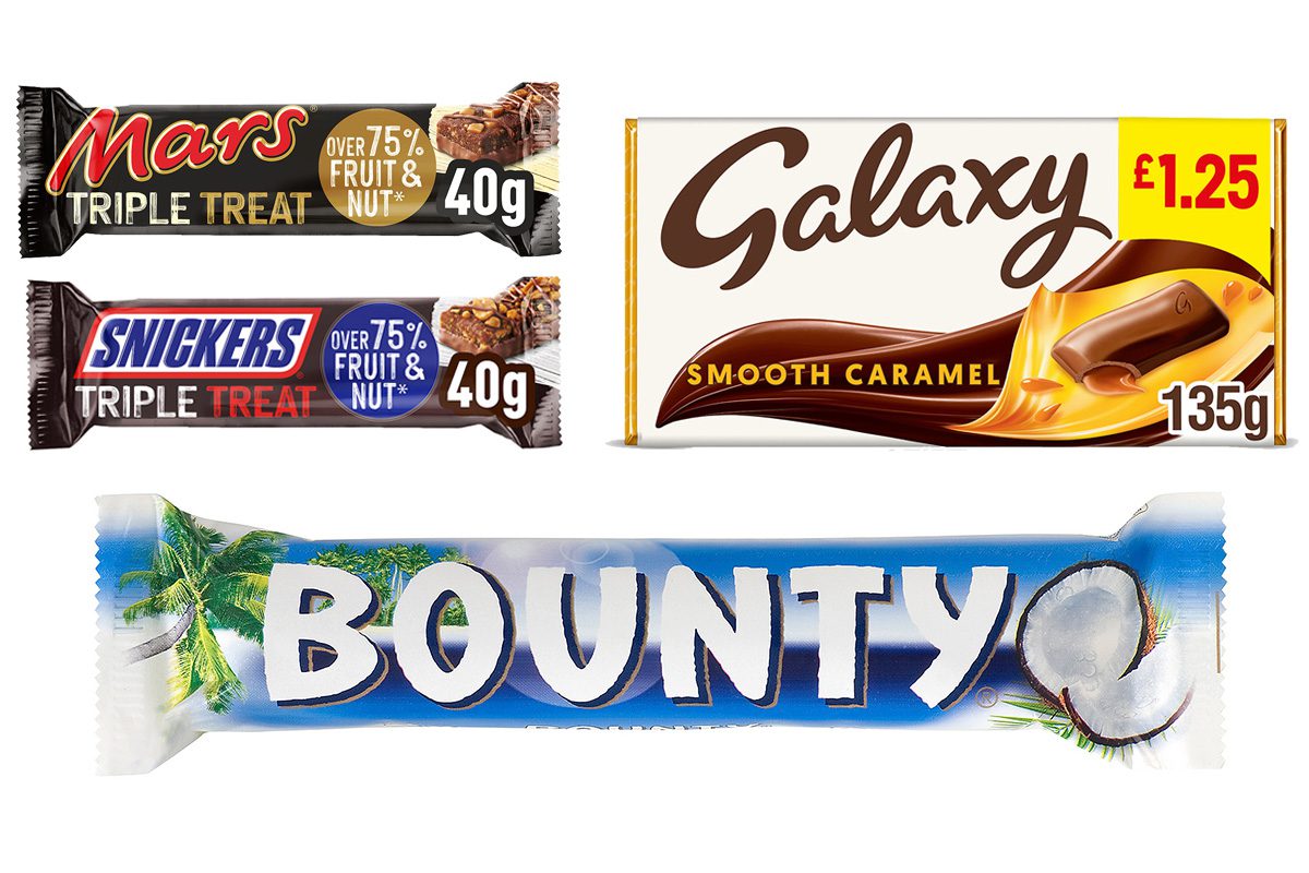 Range of Mars Wrigley chocolate bars including Bountry, Galaxy Smooth Caramel, Mars Triple Treat and Snickers Triple Treat