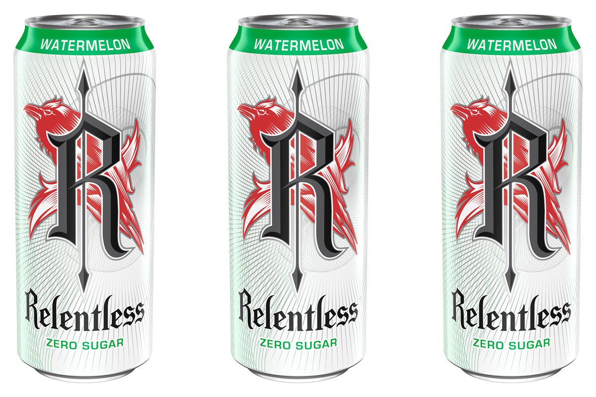 Three cans of the new Relentless Zero Sugar Watermelon energy drink.