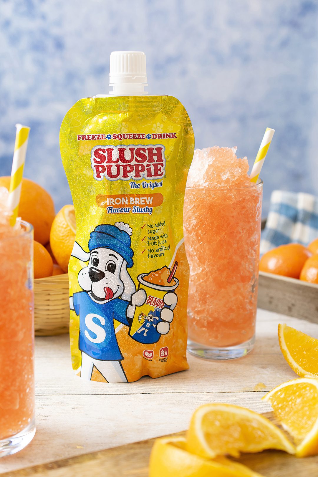 New Slush Puppie Iron Brew frozen drink pouch and served in a glass