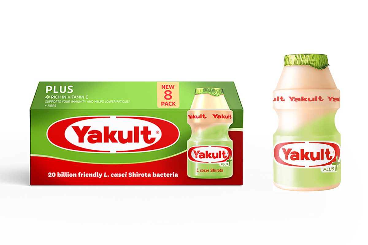 Eight pack of new Yakult Plus along with a single bottle of the product against a white background.