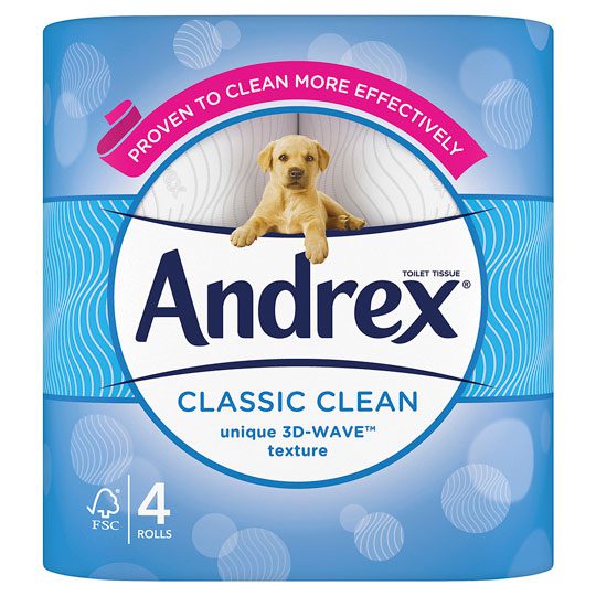 Four pack of Andrex Classic Clean toilet roll.