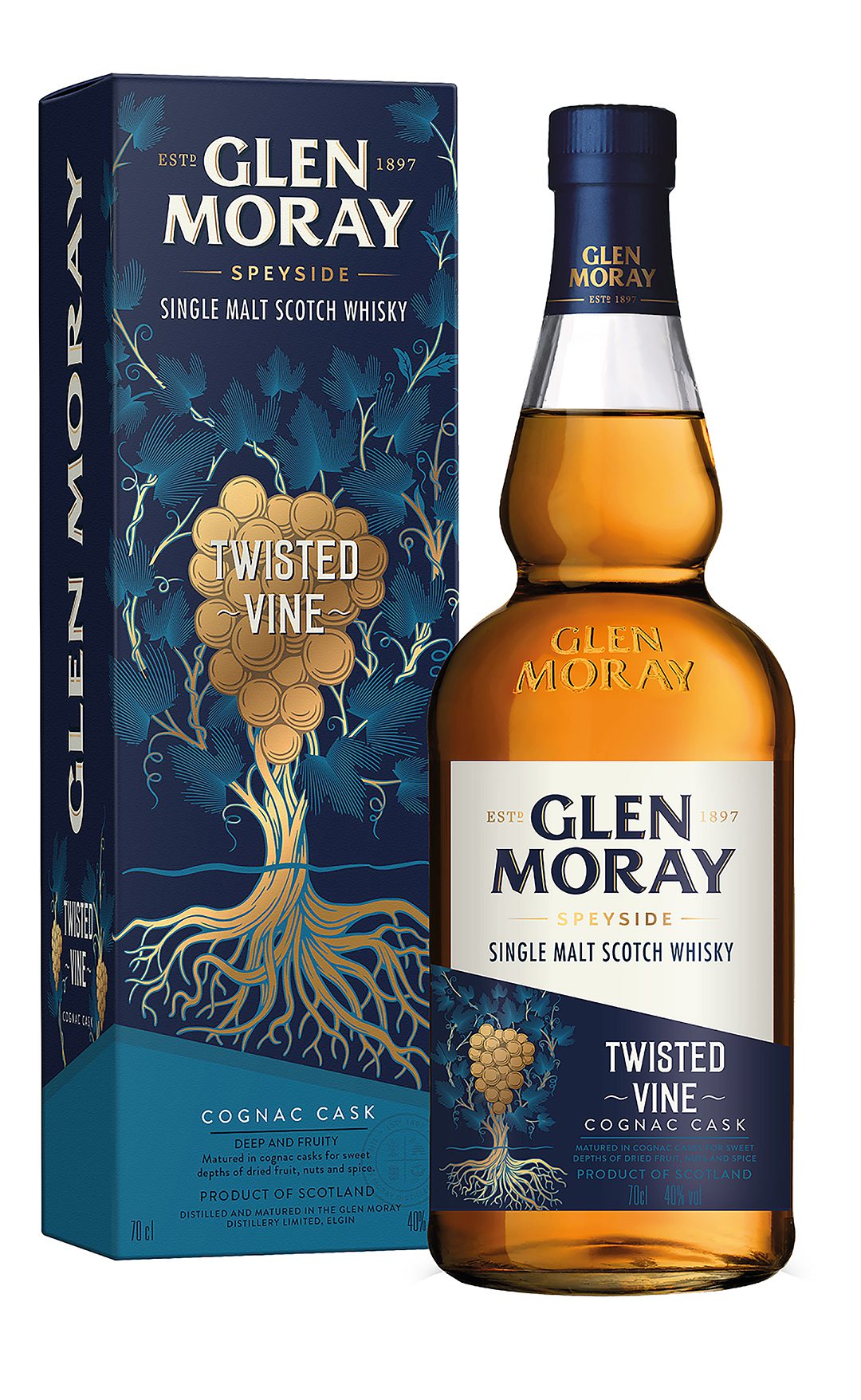 Glen Moray Twisted Vine Single Malt Scotch Whisky, 700ml bottle and packaging.