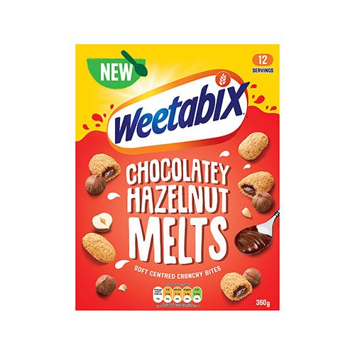 A box of Weetabix Chocolatey Hazelnut Melts cereal.