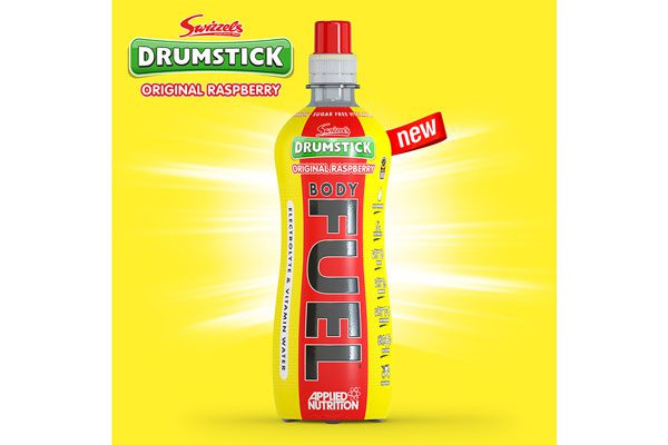 New Swizzels Drumstick Original Raspberry energy drink bottle from Applied Nutrition sits against a Yellow brackground with the Swizzels Drumstick logo in the top left hand corner.