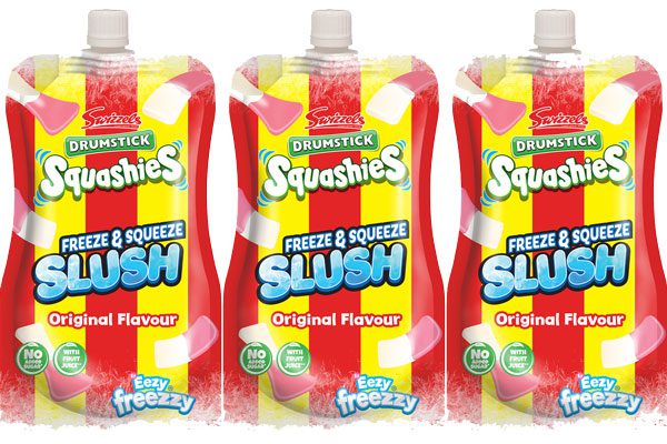 Three Swizzels Drumstick Squashies Freeze & Squeeze Slush Pouches stand next to each other against a white background.