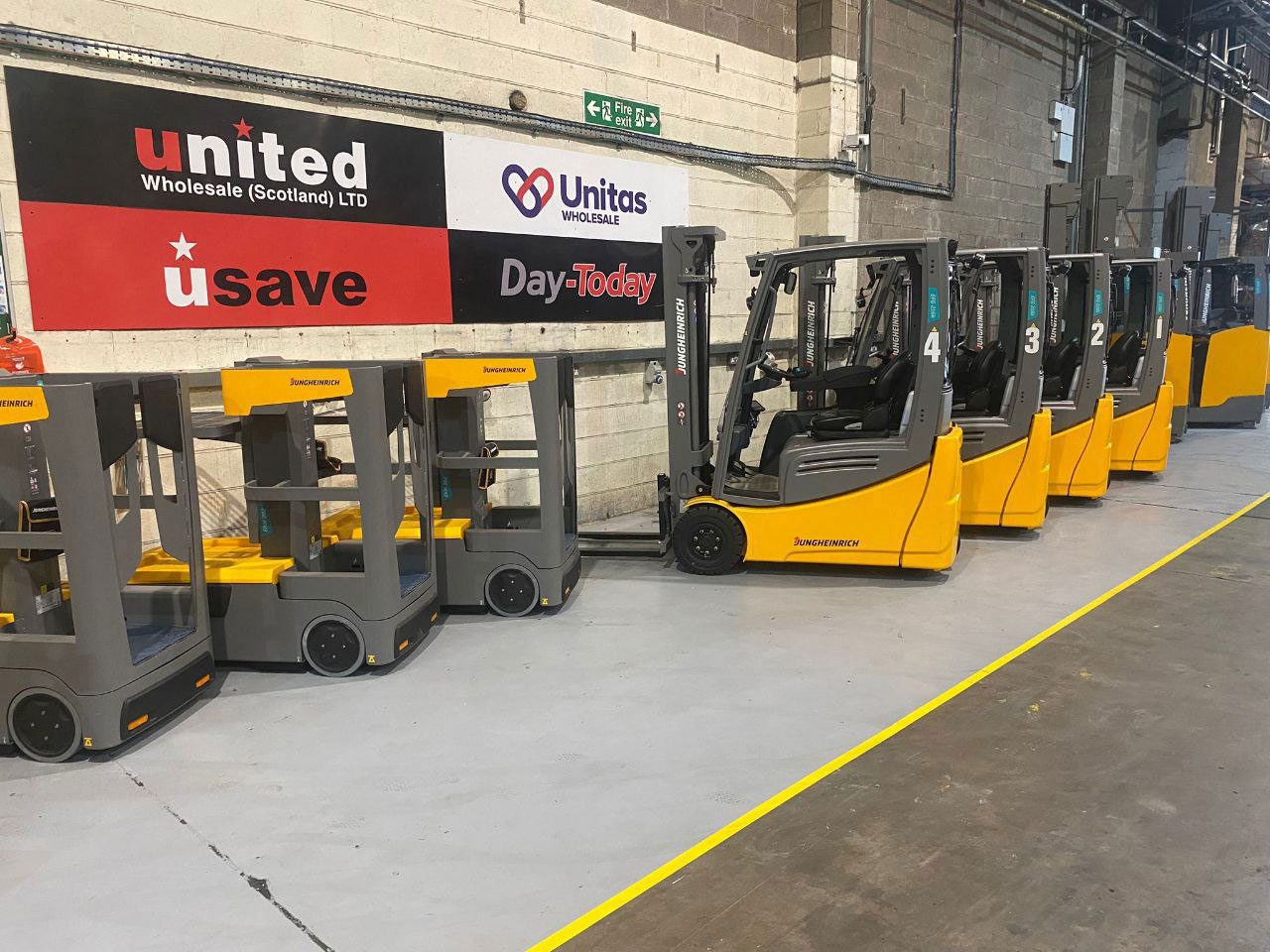 The electric forklift trucks at United Wholesale (Scotland).