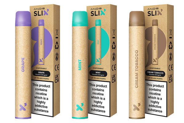 Aquavape ANDS Slix range of cardboard-based disposable vapes including Grape, Mint and Cream Tobacco flavours.