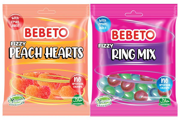Pack shots of the new Bebeto Fizzy Peach Hearts and Fizzy Ring Mix vegan sweets.