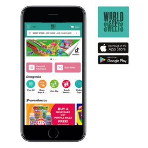 A mobile phone displays the new World of Sweets app, the World of Sweets logo can be seen to its right with Apple App Store and Google Play banners under it.