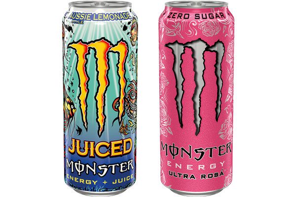 Monster Juiced Aussie Lemonade can and a Monster Energy Ultra Rosa Zero Sugar can sit against a white background.