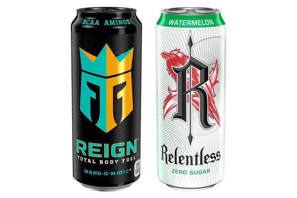 Reign Total Body Fuel Mang-O-Matic and Relentless Zero Sugar Watermelon energy drinks sit against a white background.