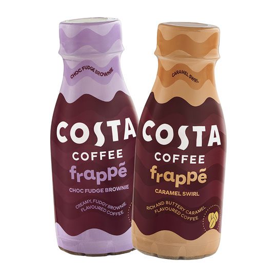 Pack shots of Costa Coffee Frappe Choc Fudge Brownie and Costa Coffee Frappe Caramel Swirl