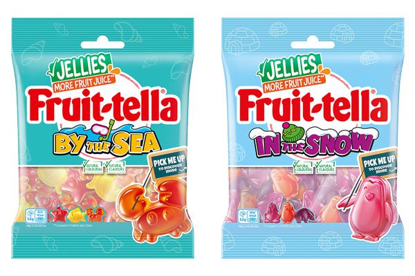 Fruittella By the Sea and In the Snow packs of jelly sweets sit against a white background.