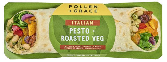 A pack shot of Pollen + Grace's Italian Pesto + Roasted Veg wrap.