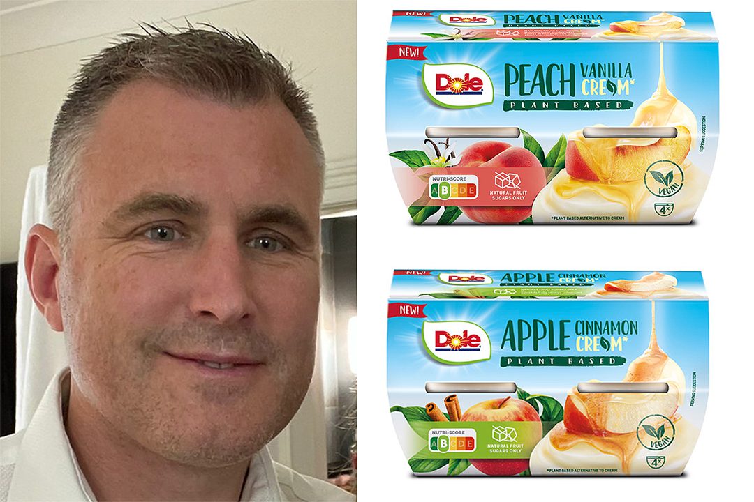 Image of Andrew Bradshaw, UK sales director at Dole Sunshine Company with a pack of Dole Peach and Vanilla Cream cups and Dole Apple and Cinnamon Cream to his right.