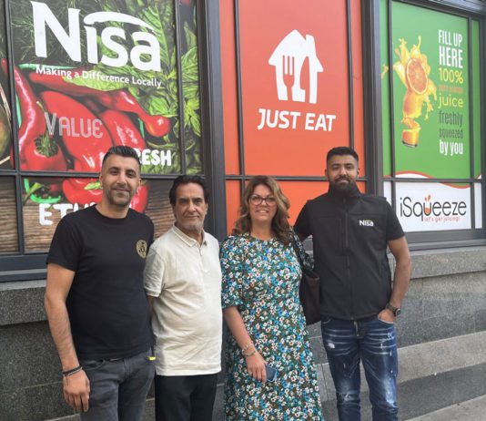 Nisa has tools for Scottish expansion Retailer Jay Javid, dad Jo Javed, Victoria Lockie and brother Saj Javed at Nisa Local City Store in Hope Street, Glasgow.
