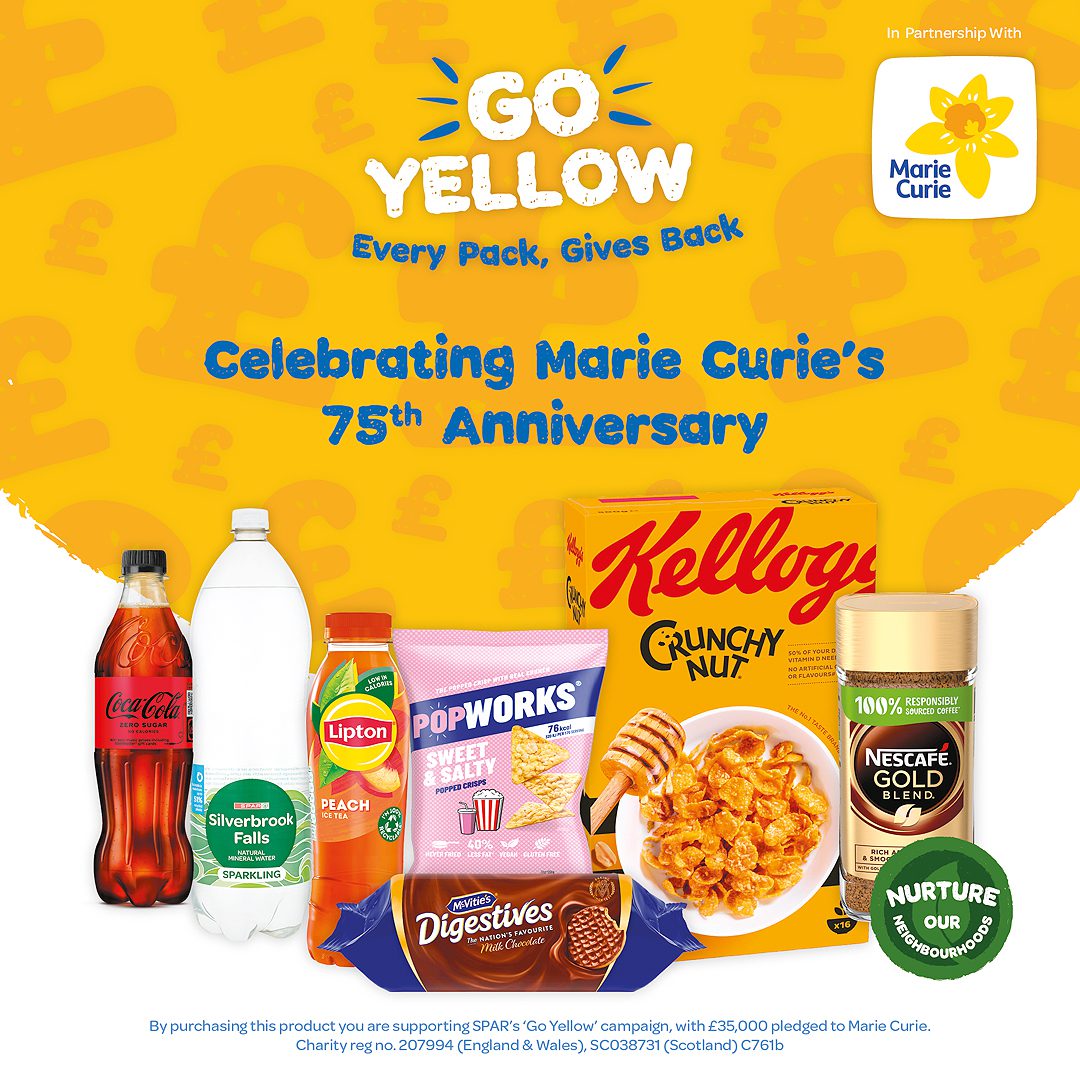 Advert for the Go Yellow campaign for Marie Curie's 75th birthday featuring participating products: (from left to right) Coca-Cola Zero Sugar, Spar Silverbrook Falls Water, Lipton Ice Tea Peach, PopWorks Sweet & Salty, McVitie's Chocolate Digestives, Kellogg's Crunchy Nut Cereal, Nescafe Gold Blend coffee.