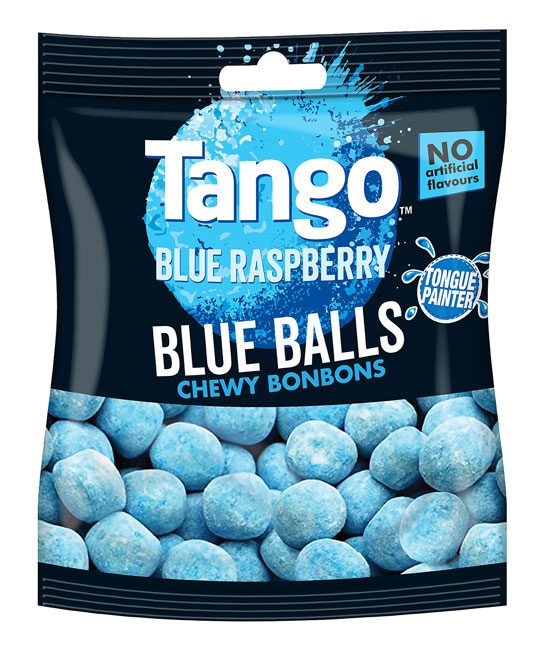Pack shot of Tango Blue Raspberry Blue Balls Chewy Bonbons.