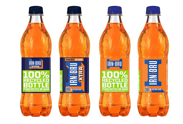 Four bottles with Irn Bru Xtra and Irn Bru line up on a white background.