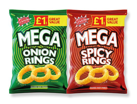 Golden Wonder Mega Rings packs including Mega Onion Rings and Mega Spicy Rings.