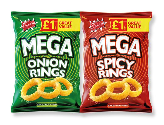 New packs of Golden Wonder Mega crisps including Mega Onion Rings and Mega Spicy Rings.