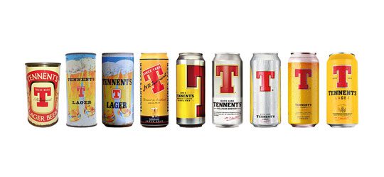 A line up of the different can designs for Tennent's lager.