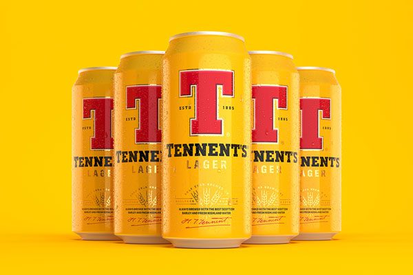 Tennent's new can design with five cans lined up together against a yellow background.