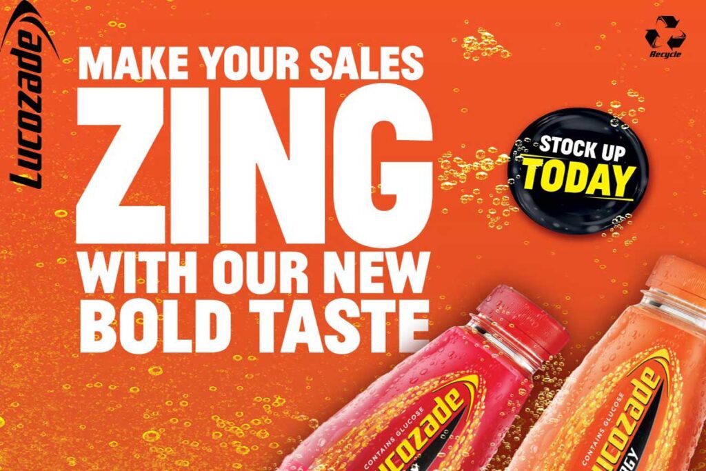 Text which reads 'Make your sales zing with our new bold taste' and two bottles of Lucozade Energy.