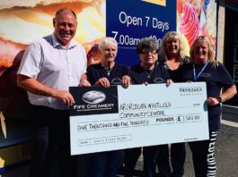 Fife Creamery sticks to wholehearted approach Five people stand in front of a store holding a cheque, the man on the far left is wearing a white shirt with four women all dressed in dark colours to the right of him. They hold a cheque with the Fife Creamery logo on the top right hand corner with the cheque stating: ARDROSSAN WHITELEES COMMUNITY CENTRE, ONE THOUSAND AND FIVE HUNDRED POUNDS