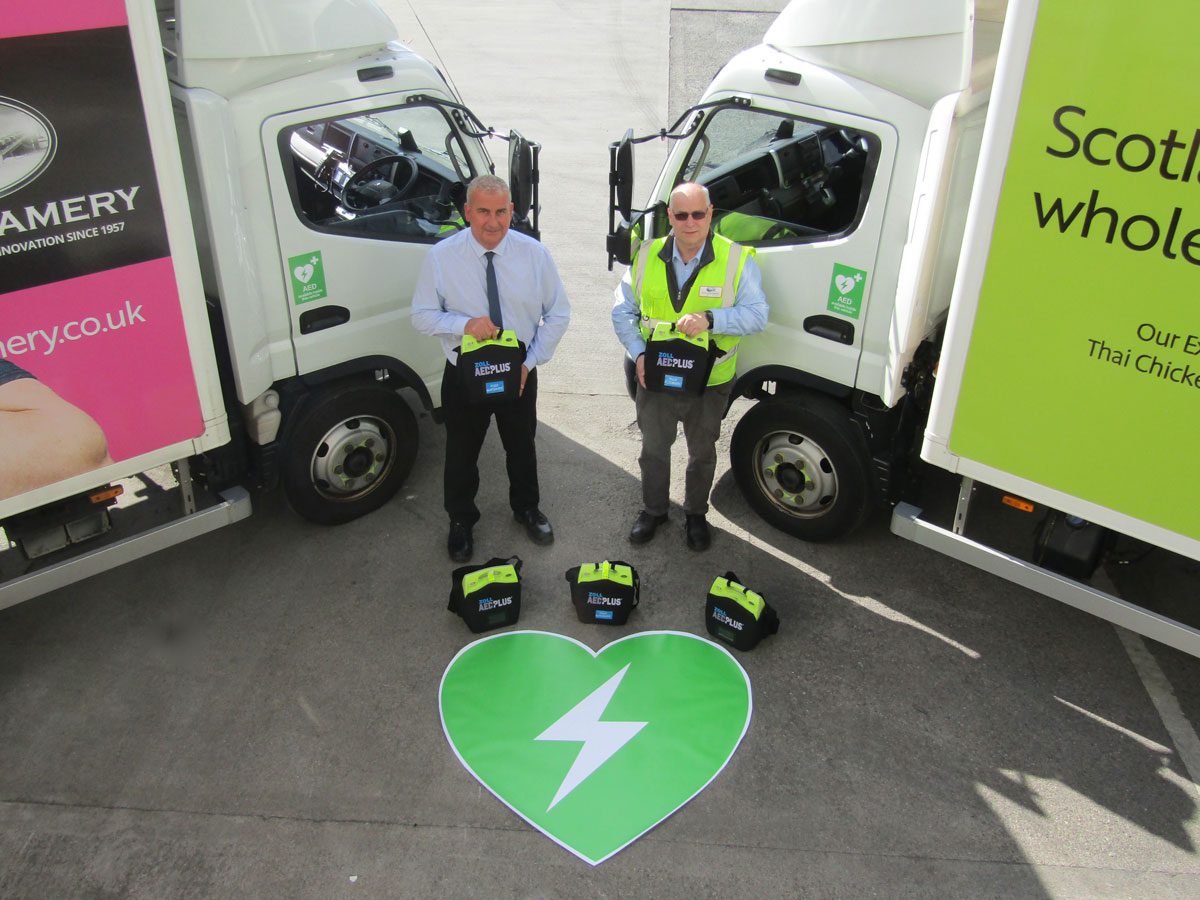 Richard Wishart, Fife Creamery transport manager and Mike Canning, warehouse manager, with just a few of the 43 AEDs.