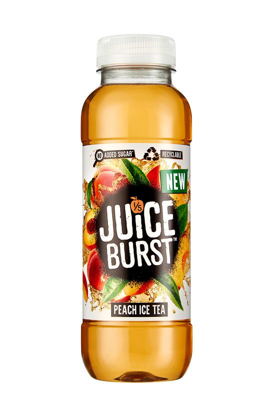 Pack shot of the new Juice Burst Peach Ice Tea variant.