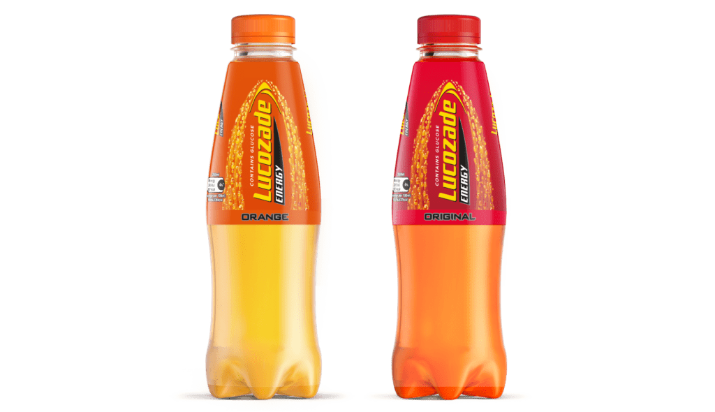 Bottles of Orange & Original Lucozade Energy.