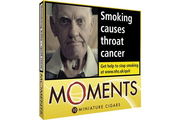 Packshot of Moments 10 Miniature Cigarettes. Text states: Smoking causes throat cancer. Get help to stop smoking at www.nhs.uk/quit.