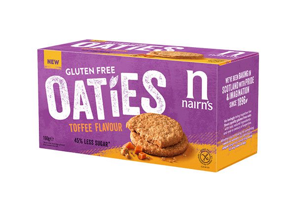 Nairn's Oaties Toffee Flavour packet against a white backgrond.