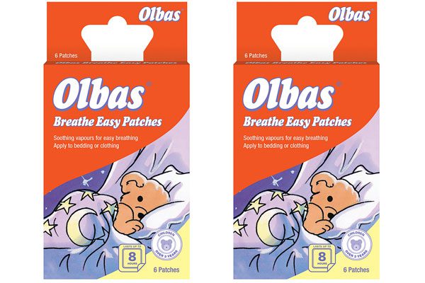 Two packs of Olbas Breathe Easy Patches against a white background.