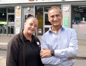 (left to right) Spar Renfrew store manager Angie Gibson and store owner Saleem Sadiq stand shoulder to shoulder in front of the store.