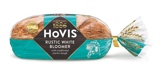 Pack shot of new Hovis Bakers Since 1886 Rustic White Bloomer loaf.