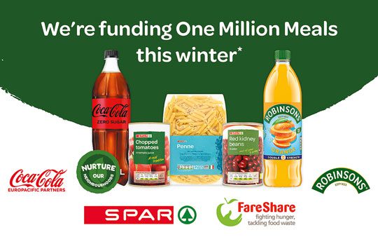 Spar UK advert for the firm's partnership with food surplus charity FareShare which includes a bottle of Coca-Cola Zero Sugar, Spar branded Chopped Tomatoes, Penne Pasta and Red Kidney Beans as well as Robinsons Orange diluting juice.Text reads: We're funding One Million Meals this winter.