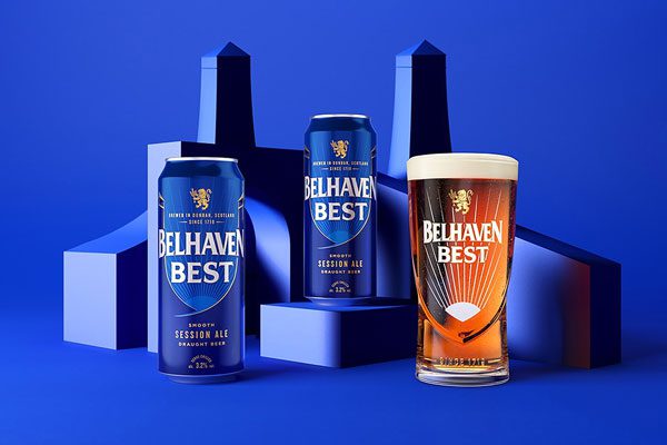 Promotional image for the new design of Belhaven Best beer featuring blue colours with an abstract design of the Belhaven brewery as well as two cans of the new design as well as a pint glass with Belhaven Best inside.