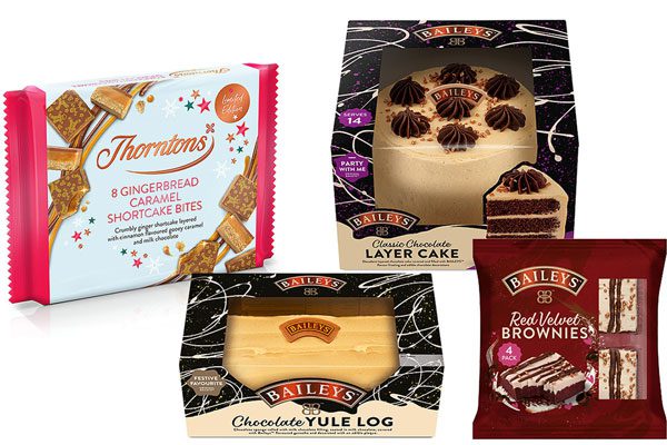 Packshots of the new Finsbury Food Group festive line. Included are Thorntons 8 Gingerbread Caramel Shortcake Bites, Baileys Classic Chocolate Layer Cake, Baileys Chocolate Yule Log and Baileys Red Velvet Brownies 4-pack.