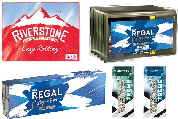 Packshots of Riverstone Easy Rolling Papers, Regal Signature Rolling Tobacco, Regal Signature Cigarettes and Rizla Xtreme Flavour cards.