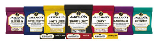Range of Jakemans throat lozenges including hanging bags and stick packs.