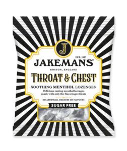 Pack shot of Jakemans Throat & Chest Sugar Free lozenges.