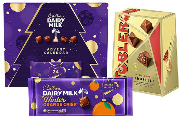 Pack shots of the Cadbury Dairy Milk Advent Calendar, Cadbury Dairy Milk Winter Orange Crisp tablet bar and Toblerone Truffles.