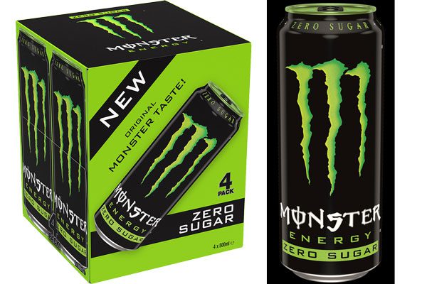 A four pack of Monster Zero Energy is next to a single can of Monster Zero Sugar Energy.