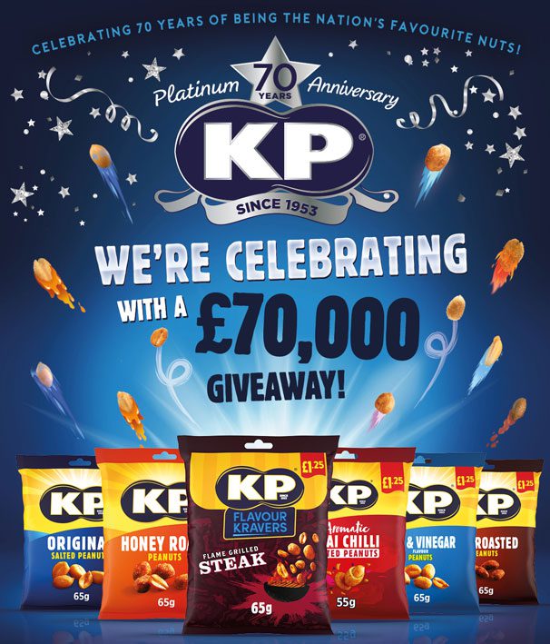 Poster celebrating the 70th anniversary of KP Nuts with gradients of blue across the poster. The KP Logo features with a star with '70 YEARS' inside the star with text around it stating 'Platinum Anniversary'. The text above the logo reads 'Celebrating 70 Years of being the nation's favourite nuts!'. The text below the logo reads We're celebrating with a £70,000 giveaway! Beneath this is the KP Nuts range including six different flavour variants.