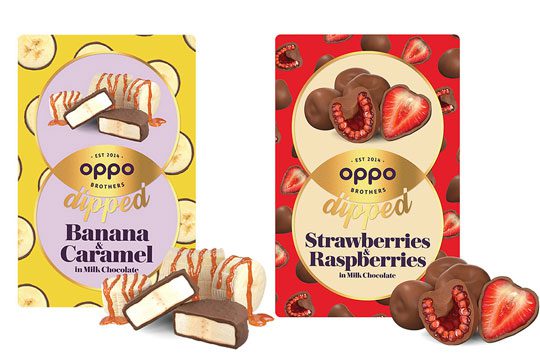Packshot of the new Oppo Dipped range including Oppo Dipped Banana & Caramel in Milk Chocolate and Oppo Dipped Strawberries & Raspberries in Milk Chocolate.