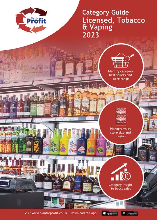 Page of Unitas' Plan for Profit guide, the image shows behind a counter with a range of alcohol products. Graphics across the page include bubbles with text inside. Text reads: Category Guide Licensed, Tobacco & Vaping 2023.Bubble 1: Identify category best sellers and core range Bubble 2: Planograms by store size and region Bubble 3: Category insight to boost sales.