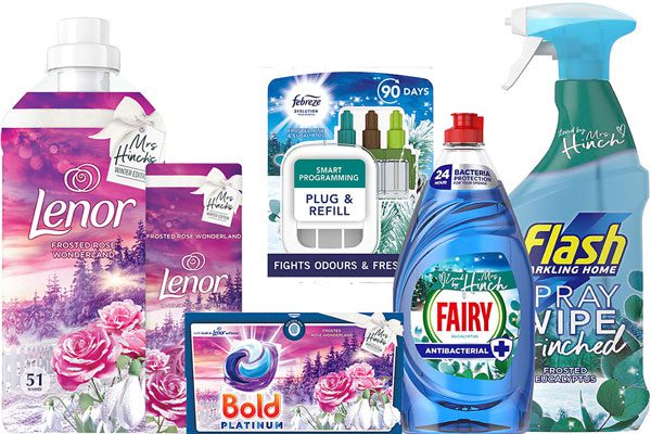 Procter & Gamble's new Mrs Hinch Winter Faves collection. (From left to right) Frosted Rose Wonderland Lenor Fabric Conditioner, Frosted Rose Wonderland Lenor Scent Boosters, Frosted Rose Wonderland Bold Platinum Pods, Frosted Pine & Eucalyptus Febreze Plug-Ins and Refills, Frosted Eucalyptus Fairy Antibacterial Washing Up Liquid and Frosted Eucalyptus Flash Spray Wipe Hinched. 